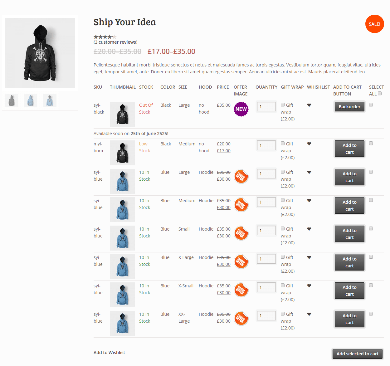 Woocommerce Variations to Table – Grid